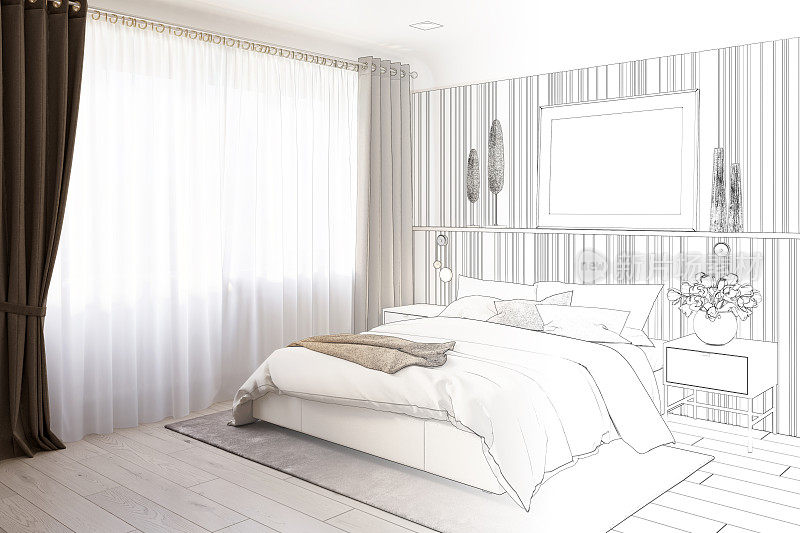 这幅草图变成了一间真正的现代卧室，大窗户上挂着棕色窗帘，床头板上挂着一幅水平海报，床头柜上放着一瓶郁金香，双人床上放着编织的枕头。