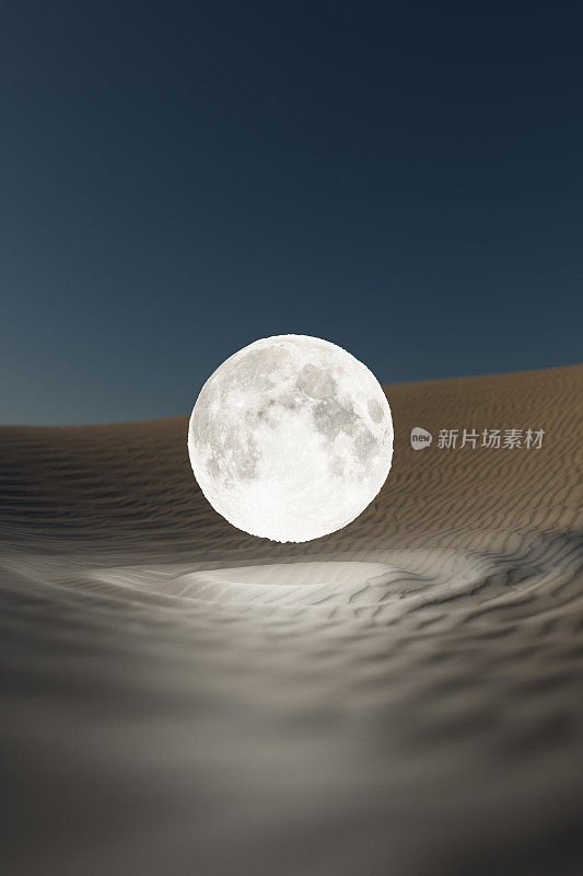 沙漠中的沙丘3D插图夜间美学景观，有晴朗的天空，星星和满月