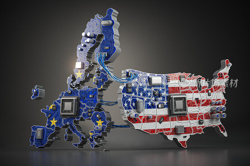 美国和欧盟之间的半导体芯片合作概念。电脑芯片在欧盟和美国地图的形式，在旗帜的颜色。