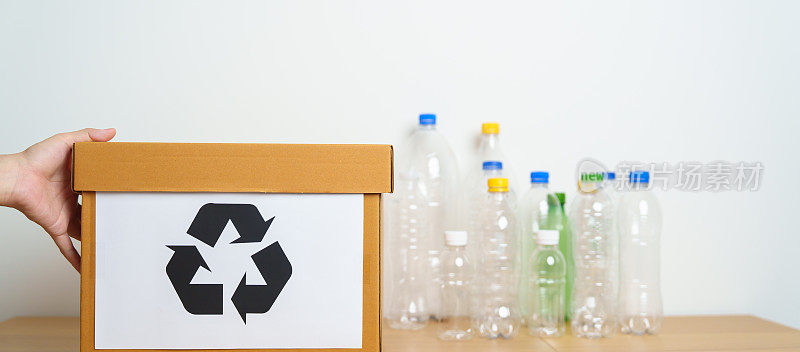 志愿者把塑料瓶放在家里或办公室的纸盒里。手工分类回收垃圾。生态、环保、污染、处置、回收、废物管理和垃圾分类的理念