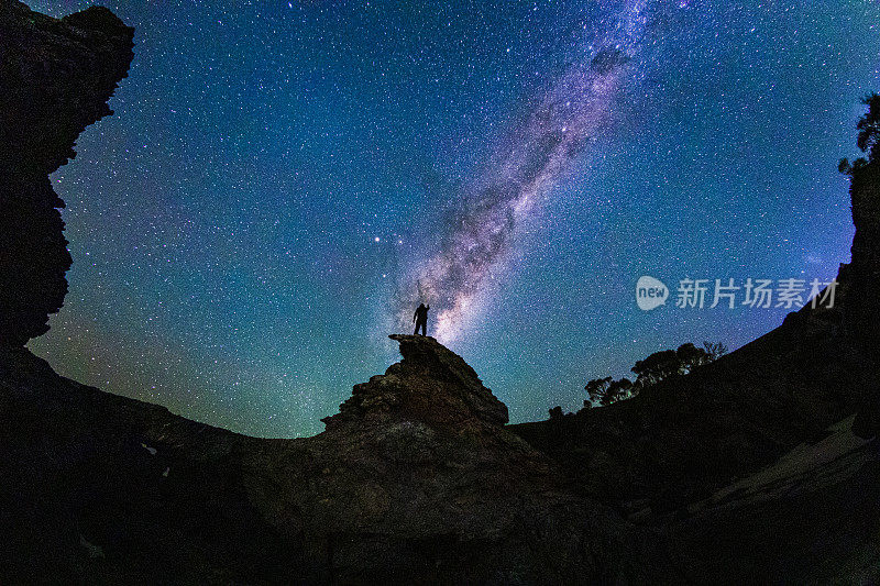 一个人在夜晚凝视着银河系，前景中独特的岩层