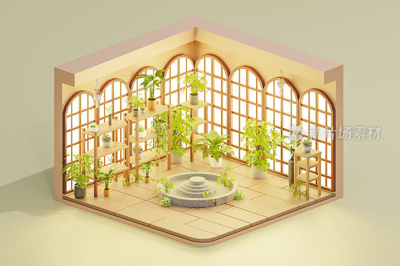 室内盆栽的3D渲染图。等距视图