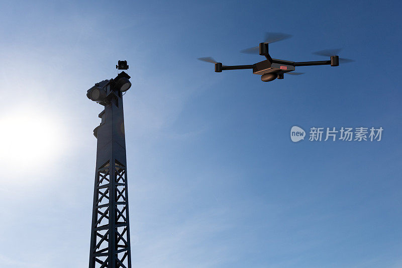监视无人机和摄像塔的3d插图