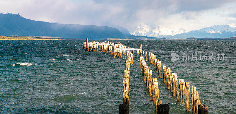 旧码头的遗迹，现在是海鸟栖息的地方。智利巴塔哥尼亚的纳塔莱斯港。
