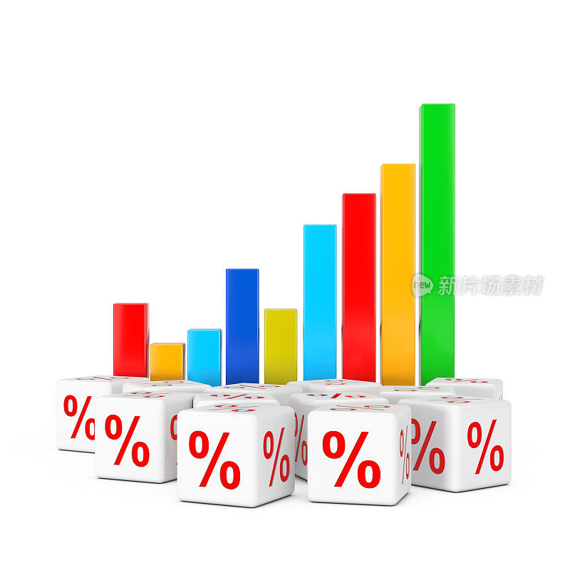 统计业务信息图条形图图形图与堆折扣销售百分比立方体。3d渲染
