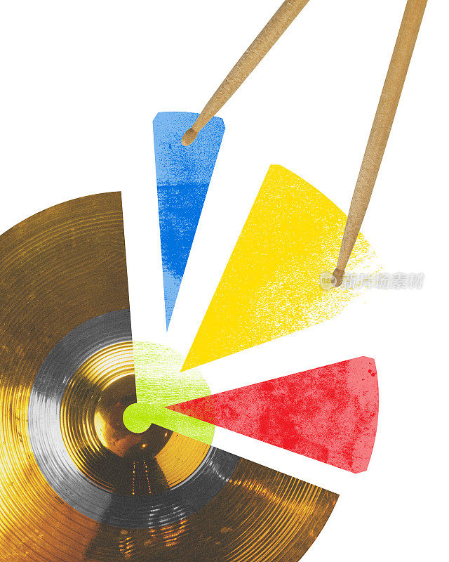海报。当代艺术拼贴。钹与鼓槌和抽象的原色形状。节奏和动态的音乐运动。