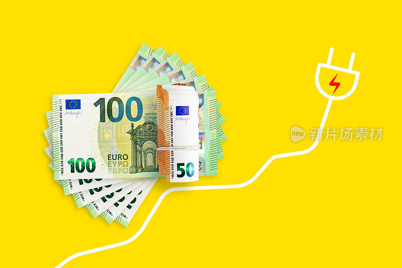 黄色背景的欧元纸币。能源危机和昂贵的电力、天然气价格。暖气费、煤气费和电费都很贵