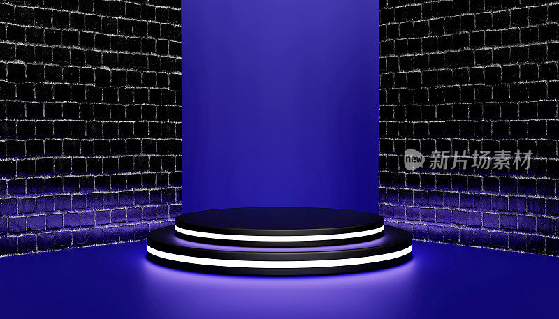 摘要产品展示台座式讲台，台上有霓虹灯和砖墙