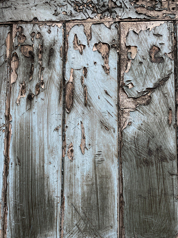 旧木门的全画幅图像，有破损和剥落的风化蓝色油漆，重点关注前景，复制空间