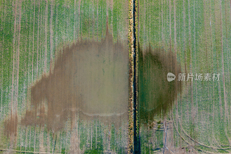 无人机拍摄的农田被洪水淹没的地区