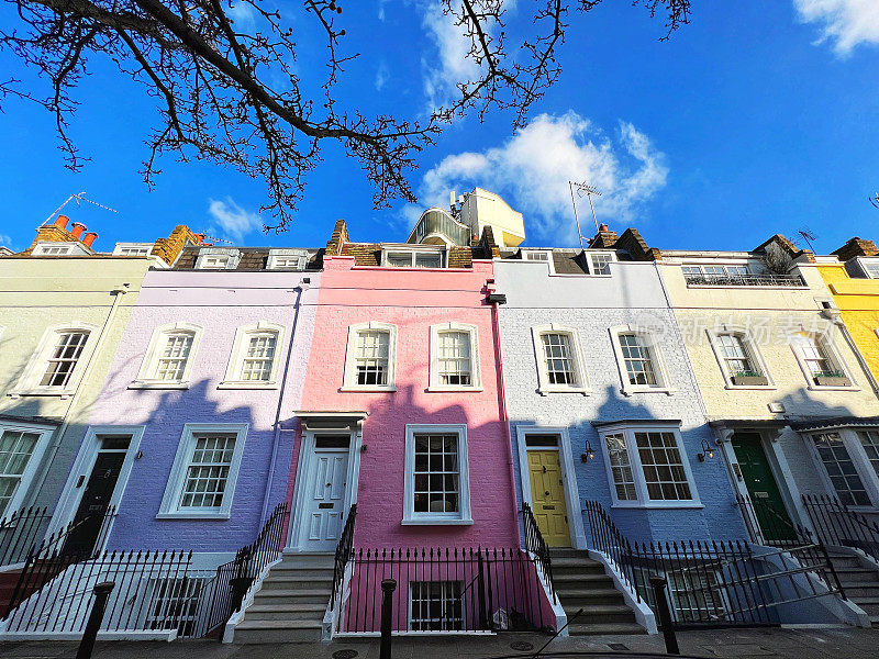 伦敦mews大街上色彩柔和的排屋