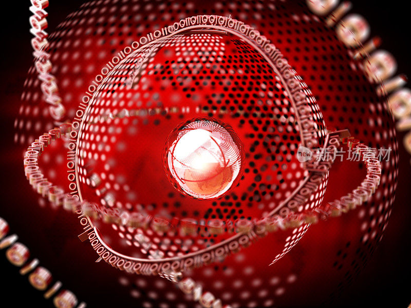 由二进制代码组成的数据圈围绕中心的发光球体运行。抽象数据流可视化。数字生成的3D渲染