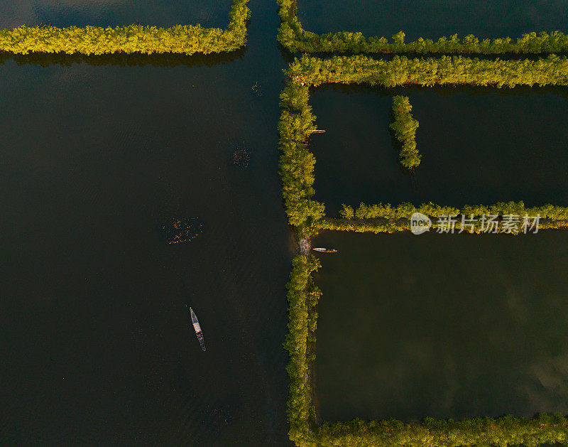 航拍照片显示，顺化省谭江泻湖上有大量的养虾池塘