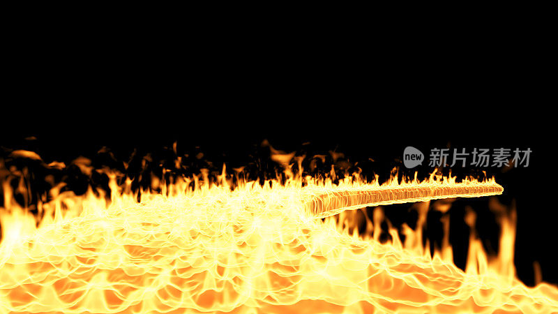 地面上有火焰，火焰正在吞噬地面。，街道的火，火焰弯曲路径在黑色背景，3d渲染