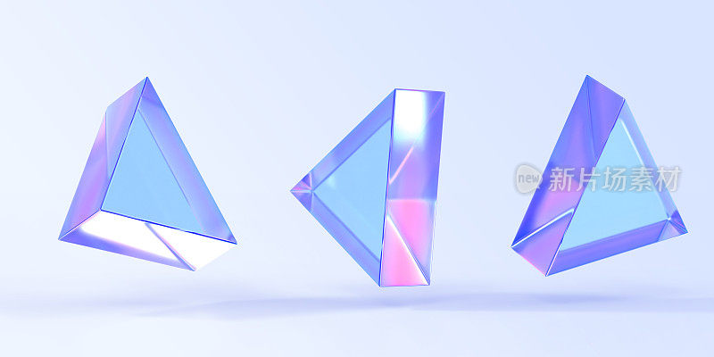 玻璃或水晶三角形在不同角度的视图，3d渲染。抽象图形的几何形状与全息梯度纹理，孤立有光泽的虹彩物体，图标集