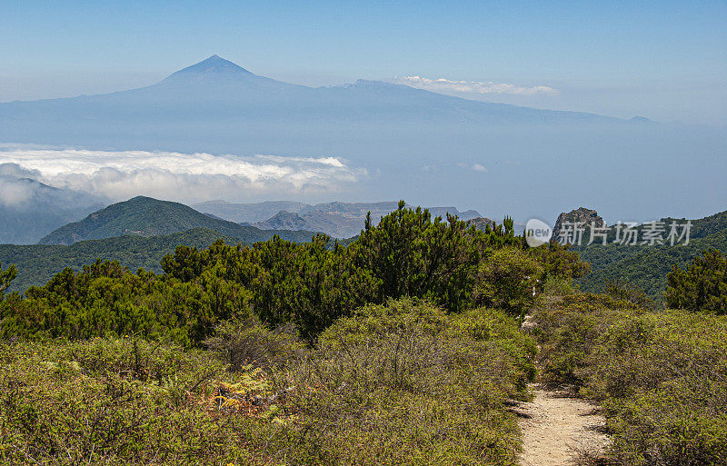 在加那利群岛的戈梅拉岛徒步旅行。在背景中，你可以看到邻近的特内里费岛上的泰德火山。