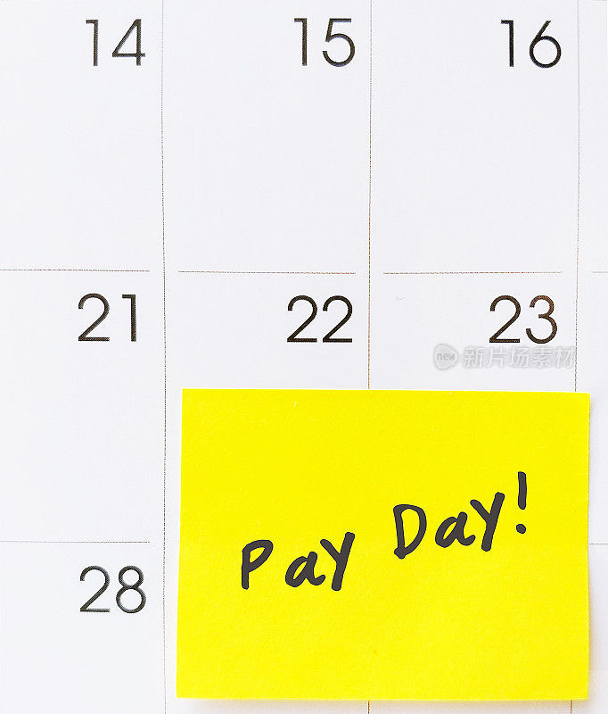 日历上有黄色的备注，日期为30日或月底，文字为PAYDAY，即员工发工资或预计发工资的日子