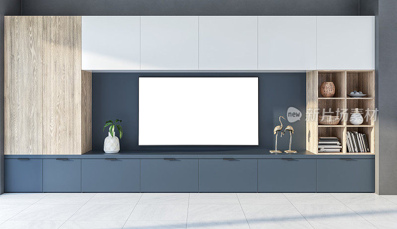 现代客厅，在深蓝色、白色和硬木的橱柜上放着一台空白电视