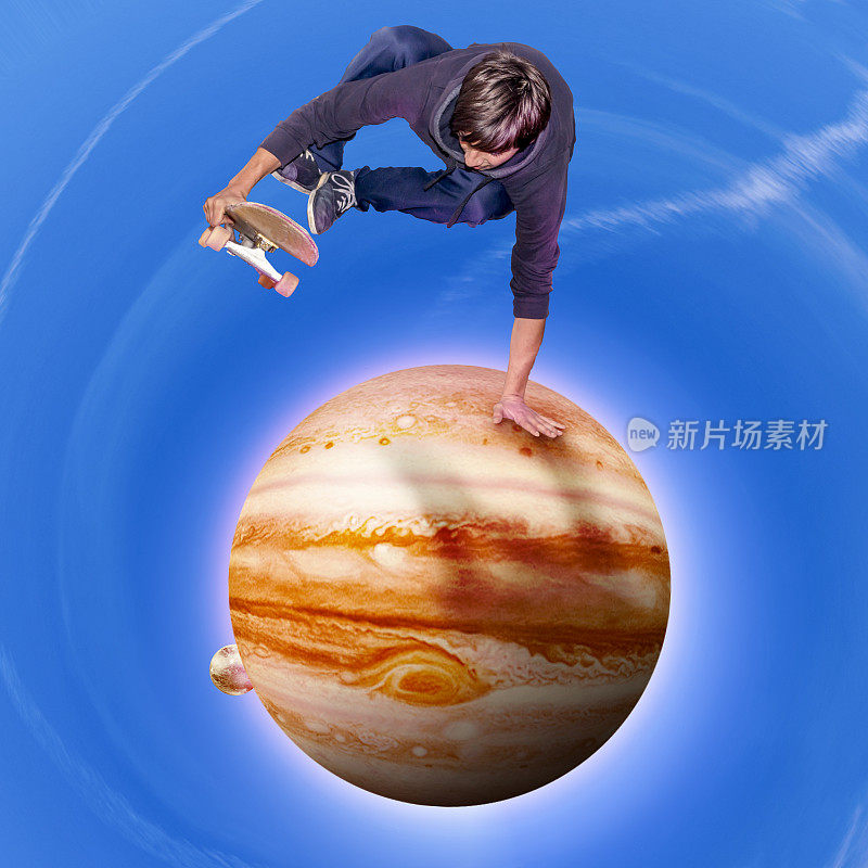年轻的滑板者跳过木星行星鸟瞰图