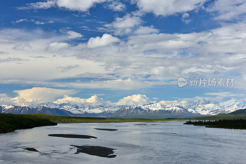 Susitna河与阿拉斯加山脉的背景