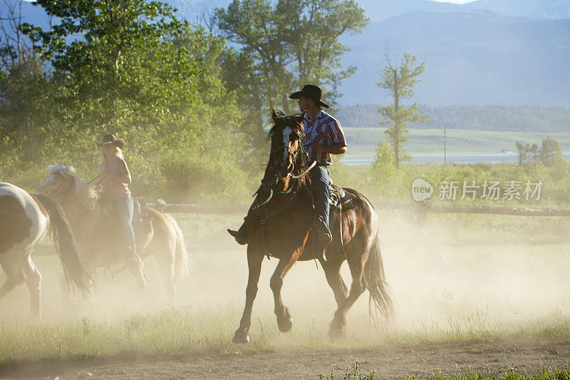 牛仔在黄昏奔跑着马