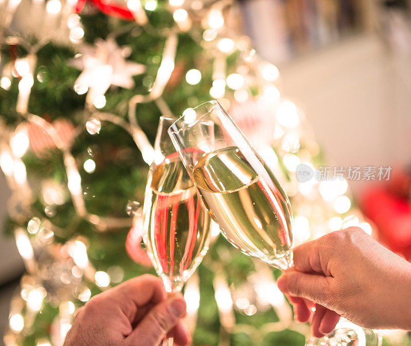 对着圣诞树，用香槟笛敬酒