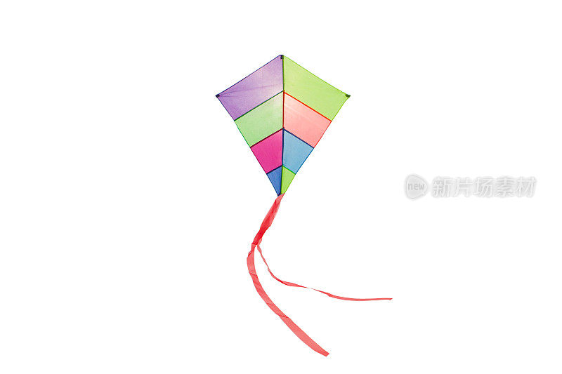 角度的一个彩色的风筝飞行与挥舞红色的弓在白色的背景