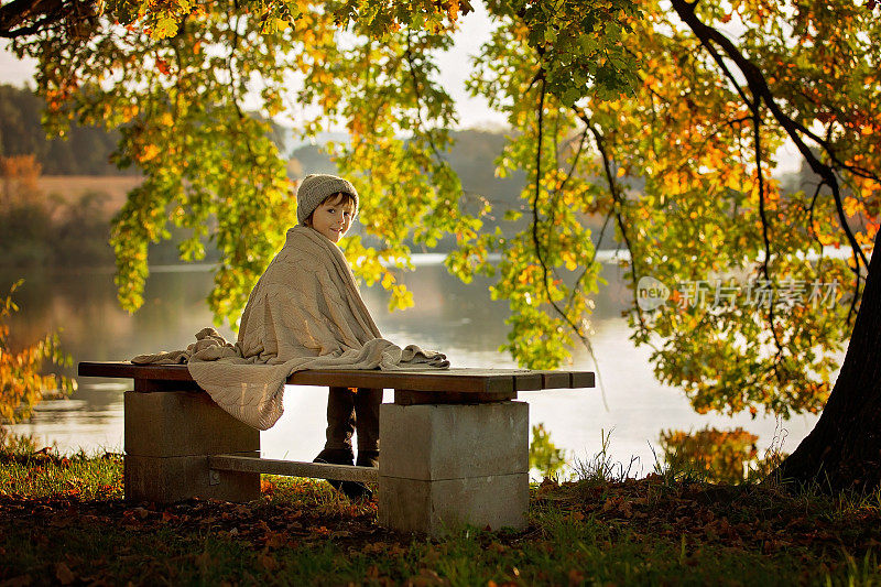 可爱的孩子们，男孩，坐在湖边在一个阳光明媚的秋天的下午