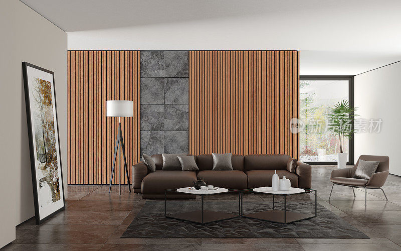 当代极简主义客厅内饰与木墙板