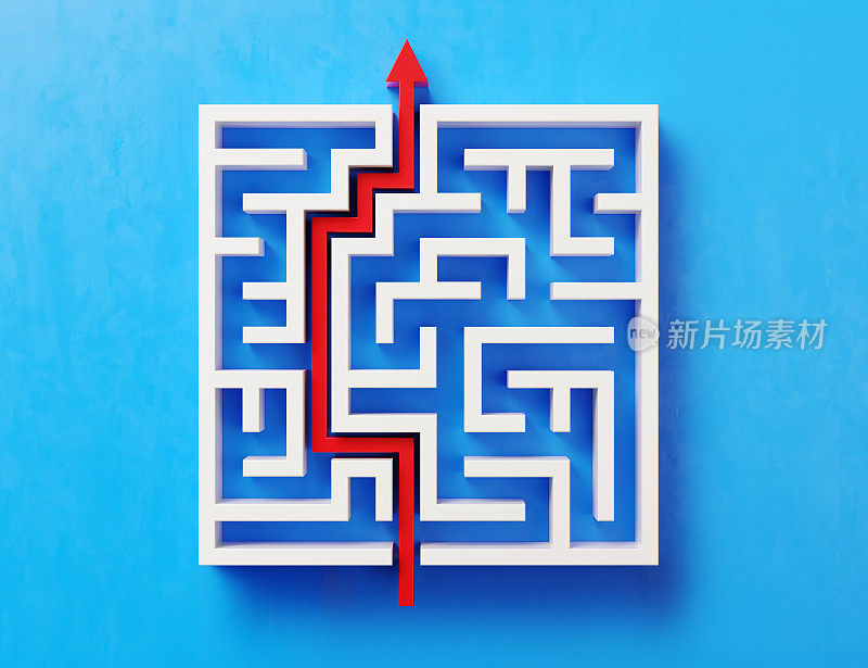 红色路径穿过白色迷宫在蓝色背景