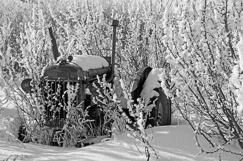 废弃在雪地里的非常老的拖拉机