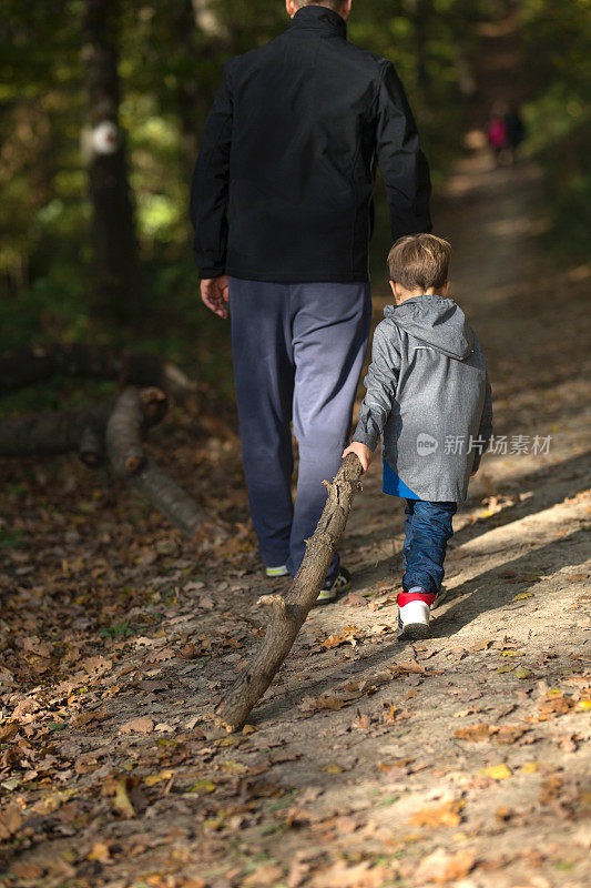 儿子拖着一根大树枝和父亲走在一起