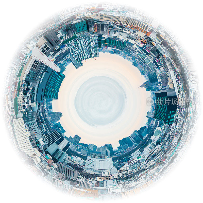 城市天际线的圆形全景，如用鱼眼镜头拍摄
