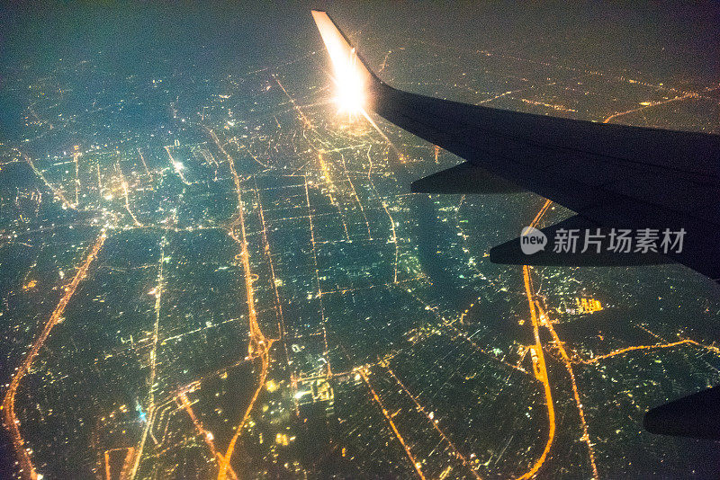 夜景从飞机曼谷，泰国