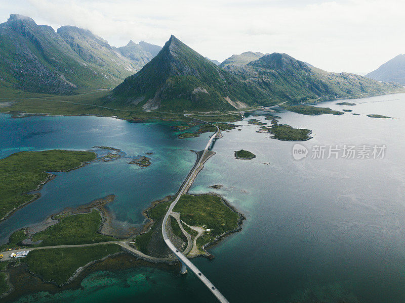 鸟瞰挪威风景如画的公路桥、海洋和山脉