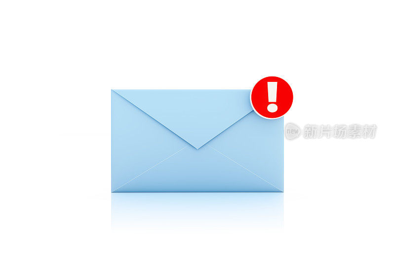 电子邮件和垃圾邮件概念-蓝色信封与感叹号在其右上角坐在白色背景
