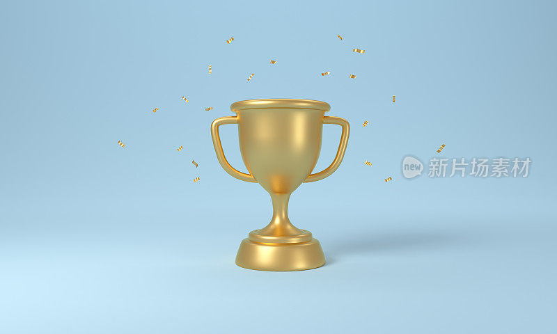金色奖杯，蓝色背景上飘落的五彩纸屑。