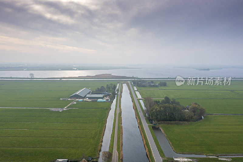 典型的荷兰圩田景观，有运河和农场