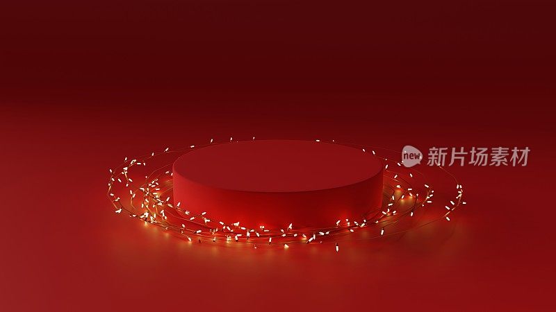 红色圆形的展示台上点缀着小小的金色灯光。