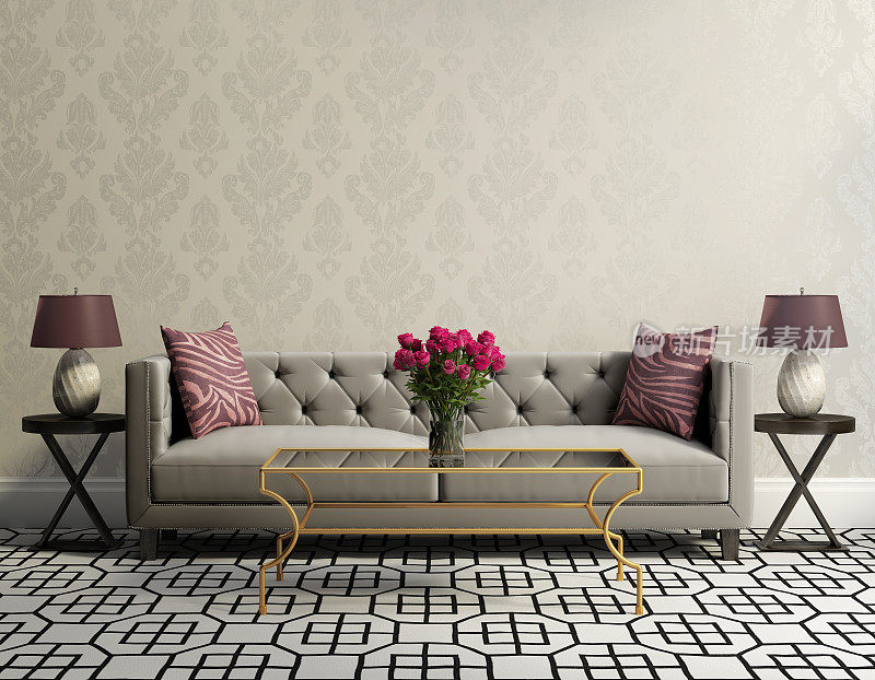 复古古典优雅的客厅配灰色天鹅绒沙发