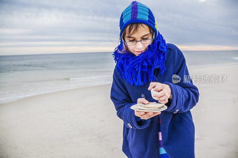 一个少女在琼斯海滩收集贝壳