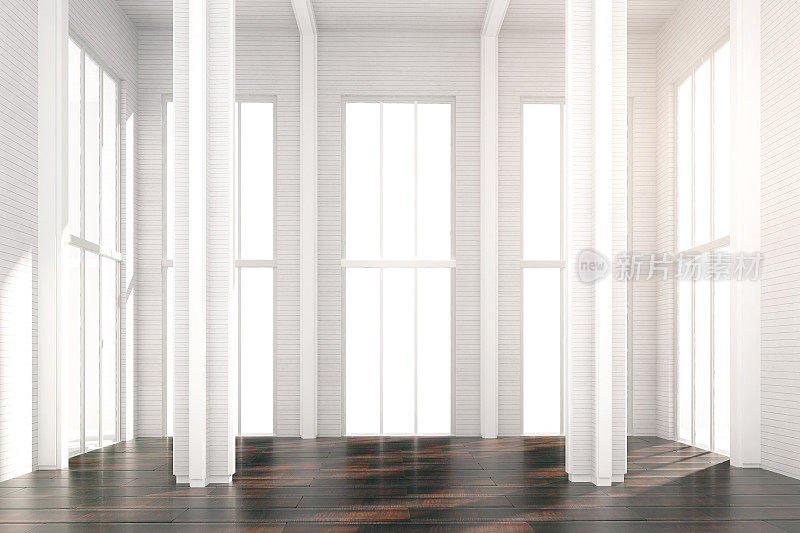 白色阳光阁楼房间与棕色木地板