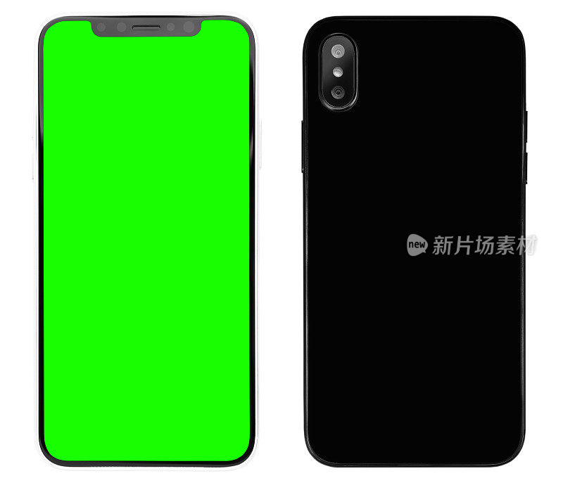 新的黑色智能手机概念垂直双摄像头和绿色色度键屏幕的移动应用程序标志