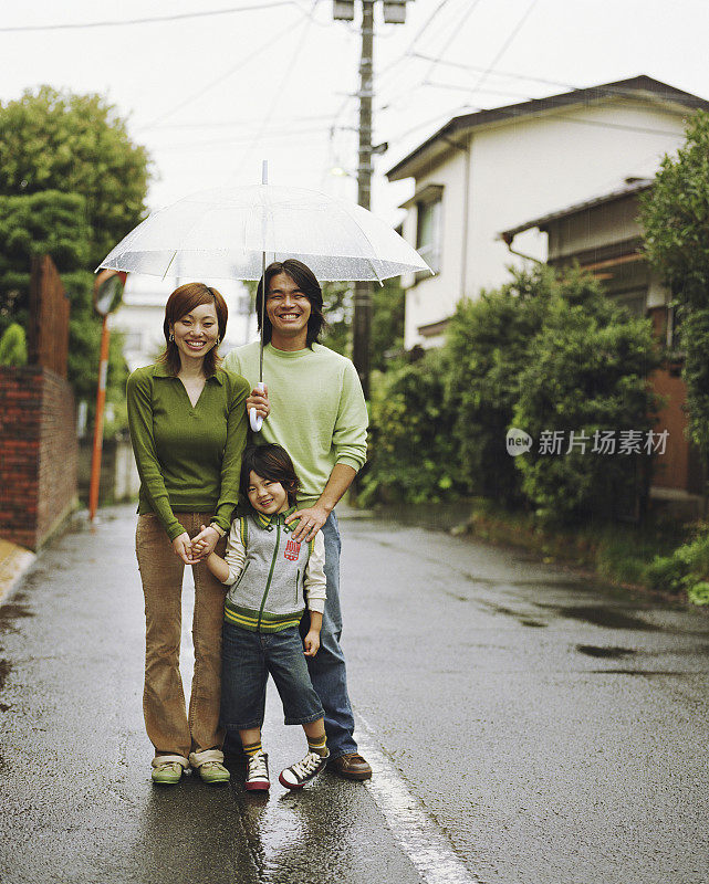 父母和儿子(4-6岁)站在伞下，面带微笑，画像