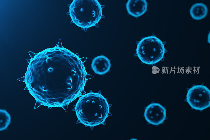 病毒和细菌，细菌，细胞感染的生物体。流感病毒H1N1，猪流感的抽象背景。蓝色病毒以吸引人的颜色发光，3D渲染