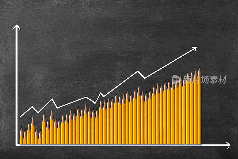 黑板背景上的黄色铅笔递增图表。