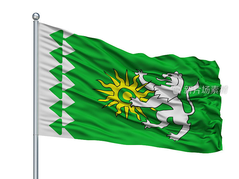 别列佐夫斯基旗杆上的城市旗帜，俄罗斯，斯维尔德洛夫斯克州，孤立的白色背景