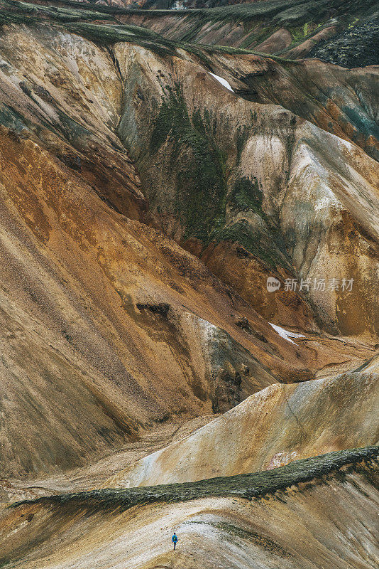 在冰岛的Landmannalaugar，一名妇女在彩色山脉附近徒步旅行