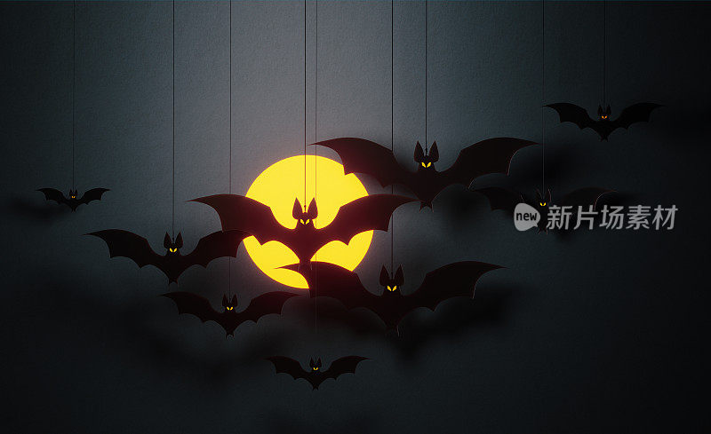 万圣节概念-剪出蝙蝠在黑色背景的月亮上剥皮