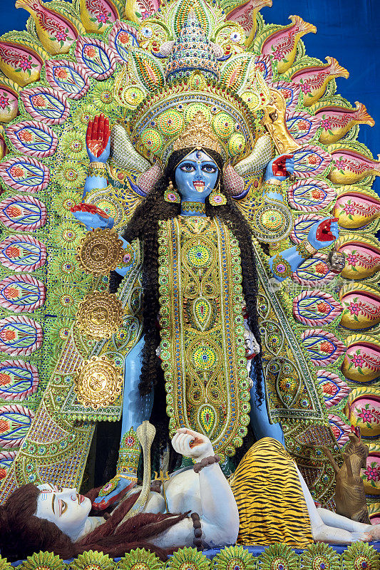 加尔各答卡利普贾期间，穿着pandal的女神卡利的神像